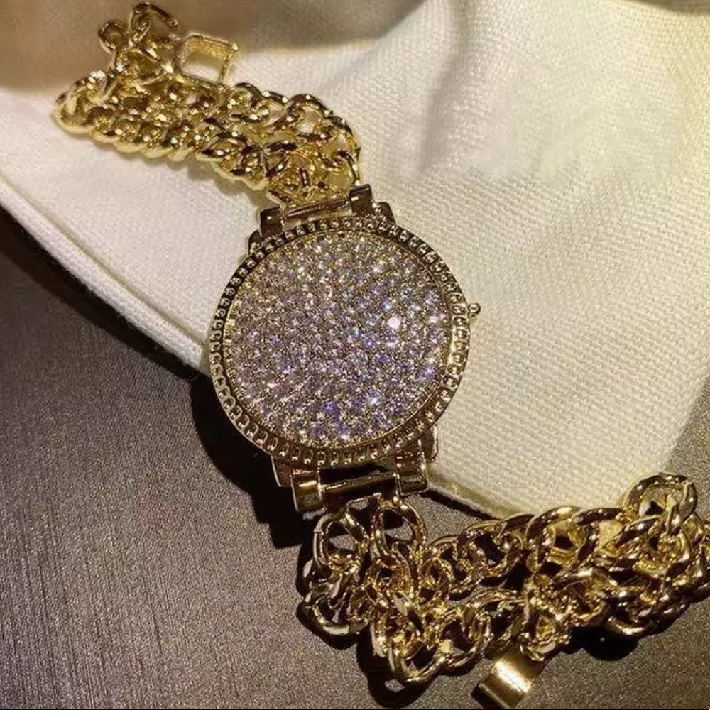 NEW 18K RHINESTONES DOUBLE WATCH CHAIN STRAP BRACELET - Picture 7 of 7
